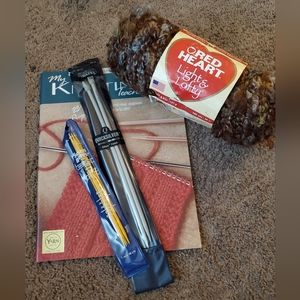 Knitting Bundle Vintage Susan Bates Book Needles Red Heart Light Lofty Yarn